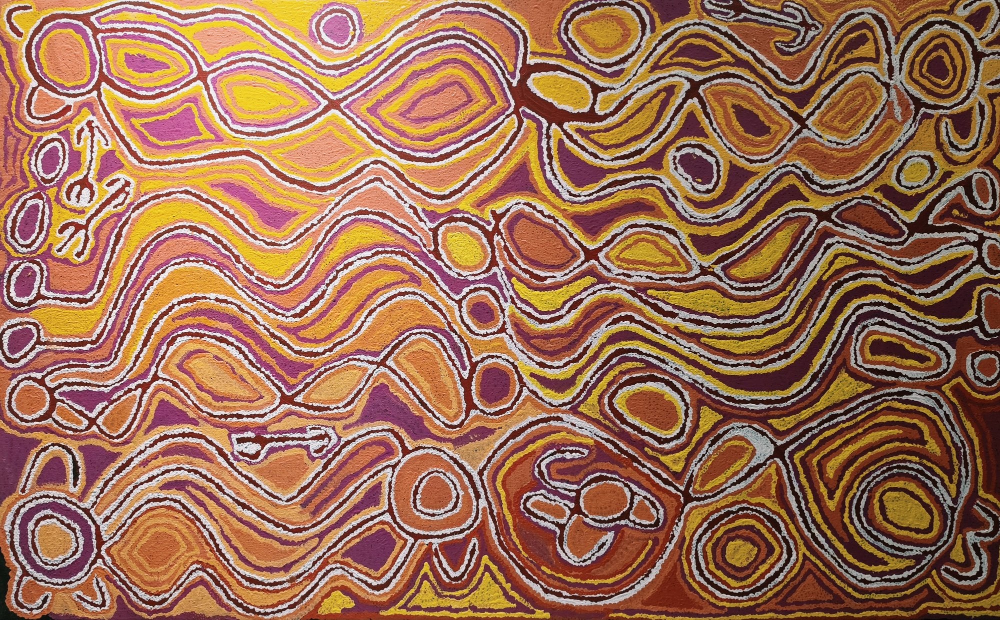Large abstract painting in yellow, orange, pink and plum, with rippling dotted lines and concentric roundels mapping the women's Country of Mina Mina.