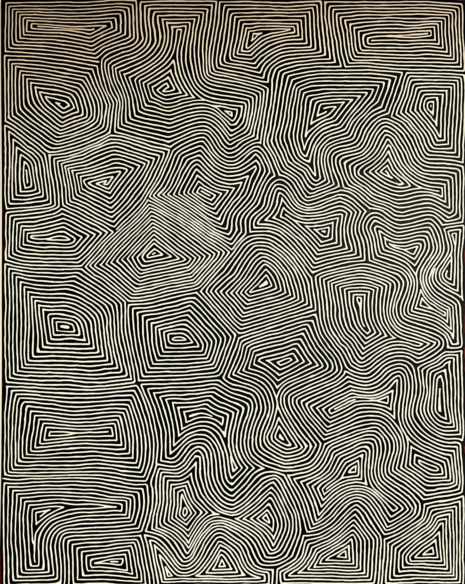 Large black and white painting of dense parallel lines forming concentric ridges and diamond shapes across the canvas, a Tingari Cycle work by George Hairbrush Tjungurrayi.