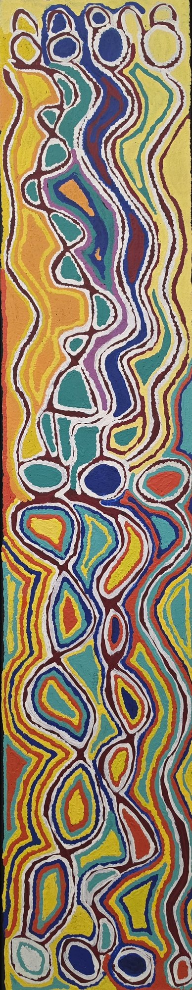 Tall vertical Indigenous painting with sinuous wavy lines and clusters of concentric ovals in yellow, turquoise, red, white and deep blue, depicting the Mina Mina women's Dreaming.
