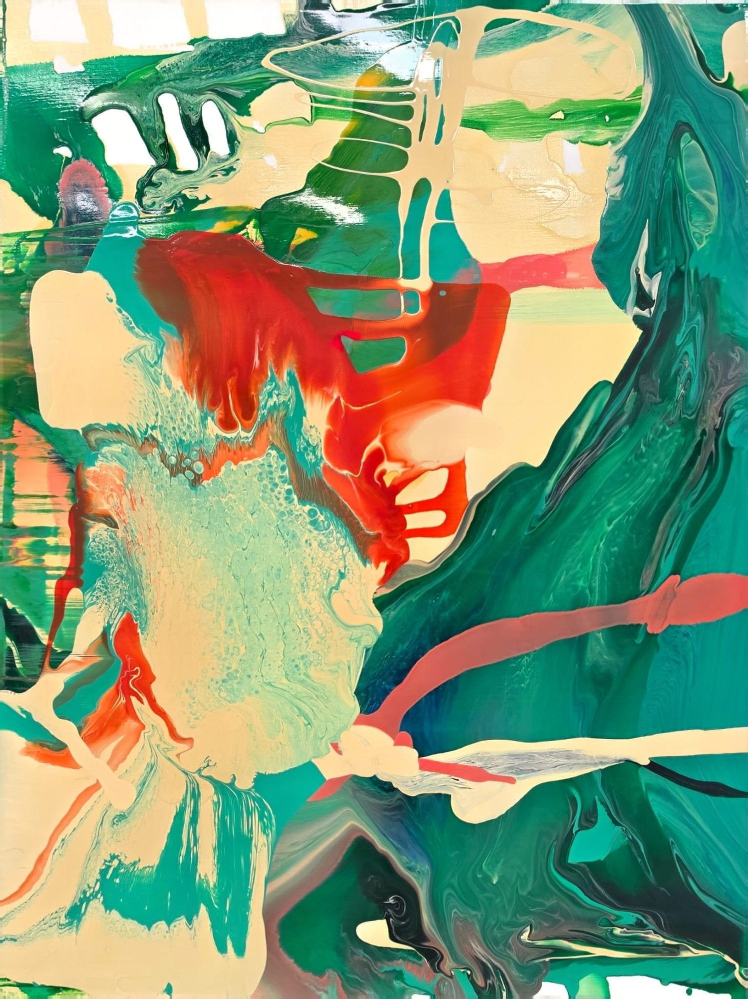 A large abstract painting with poured emerald green, cream and red pigments. A central red form suggests a figure emerging from liquid colour.