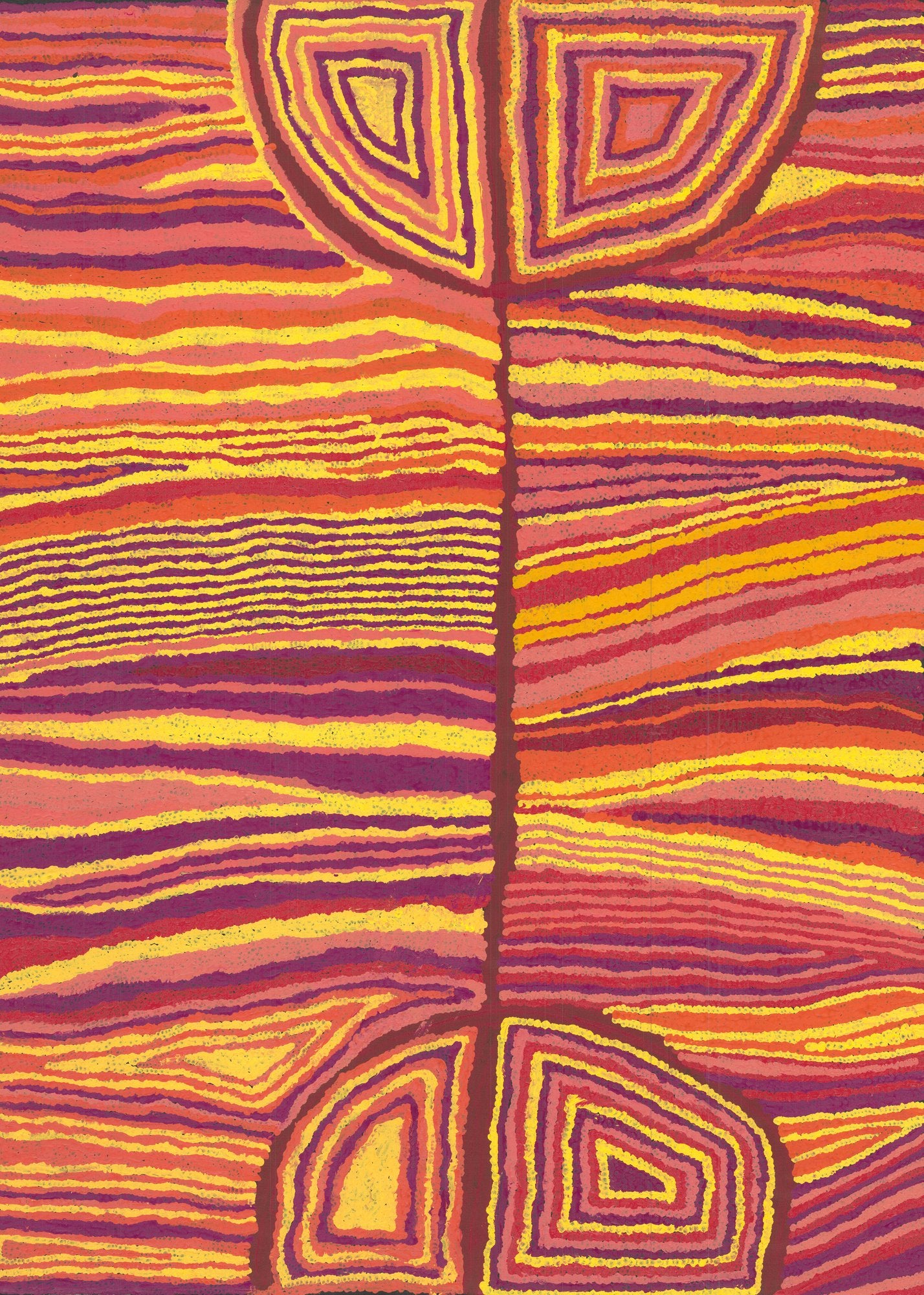 Vibrant painting in red, yellow, pink and purple with horizontal rippling bands and two concentric rockhole shapes at top and bottom, joined by a fine vertical line.