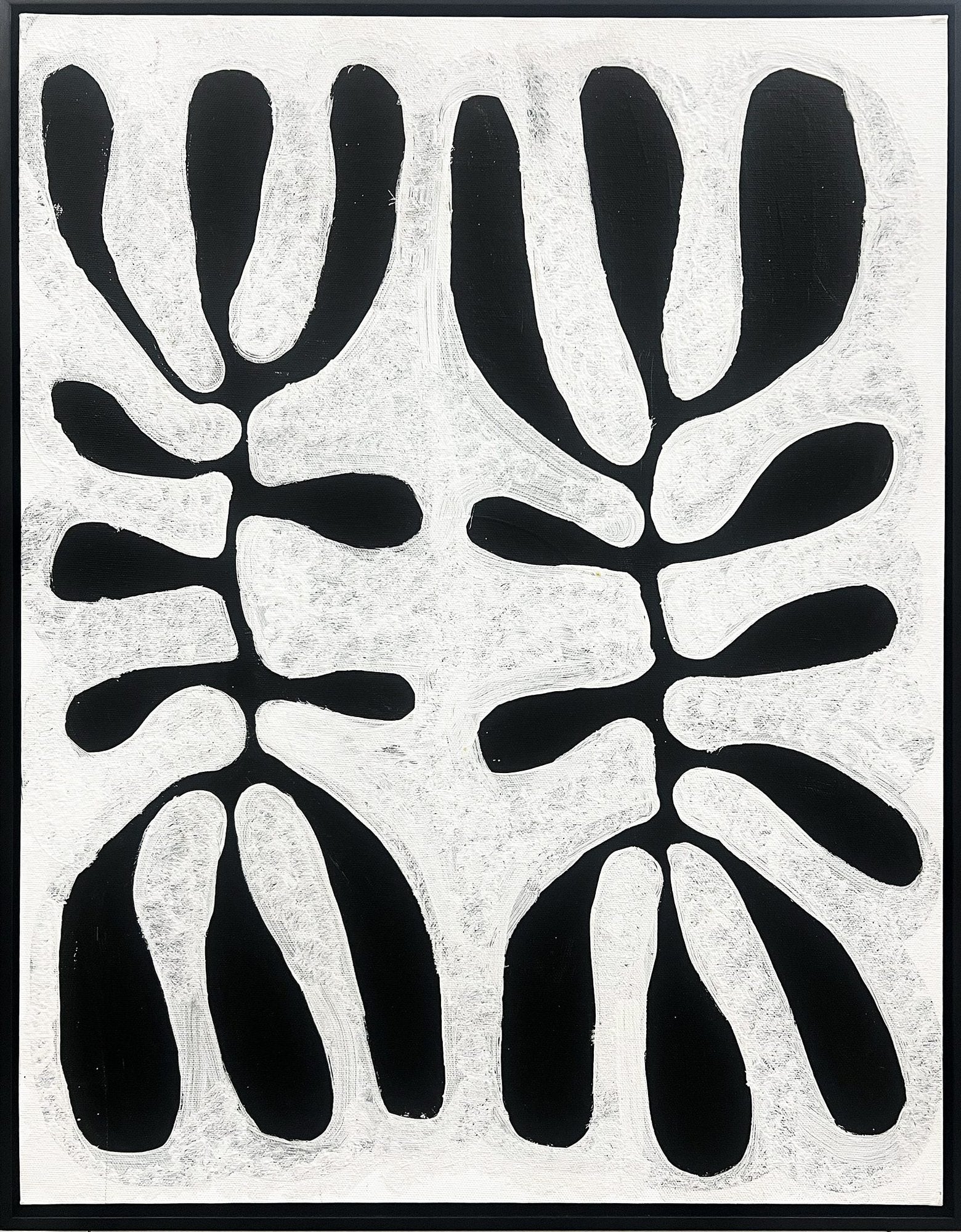 Bold black branching tree-like forms arranged in two mirrored clusters on a textured white ground, an abstract painting of spear-wood trees by Mitjili Napurrula.
