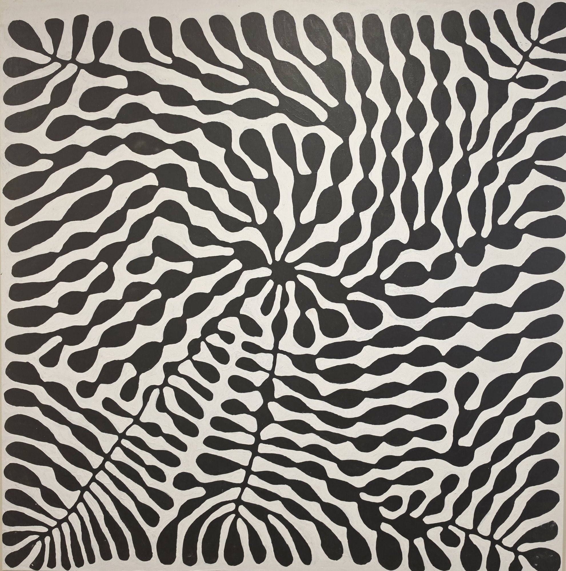 Large square painting in black on cream depicting rows of branching, leafy plant forms radiating across the canvas, representing watiya tjuta or many trees.
