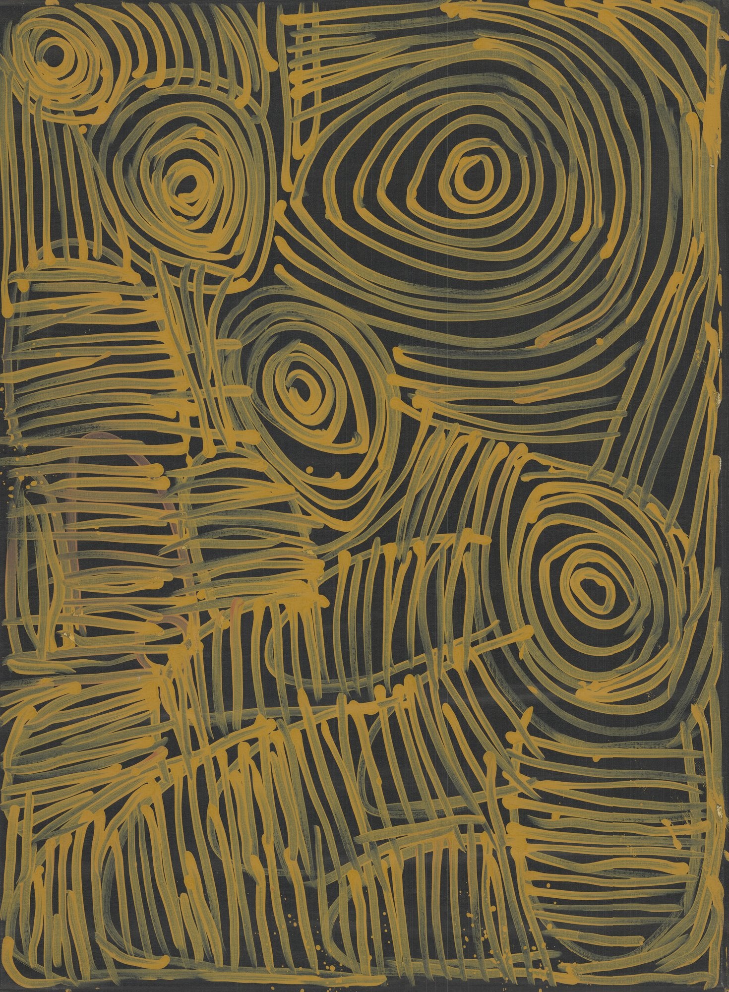 Large painting of yellow ochre concentric ovals and raked parallel lines on a deep charcoal ground, evoking women's ceremonial body paint designs.