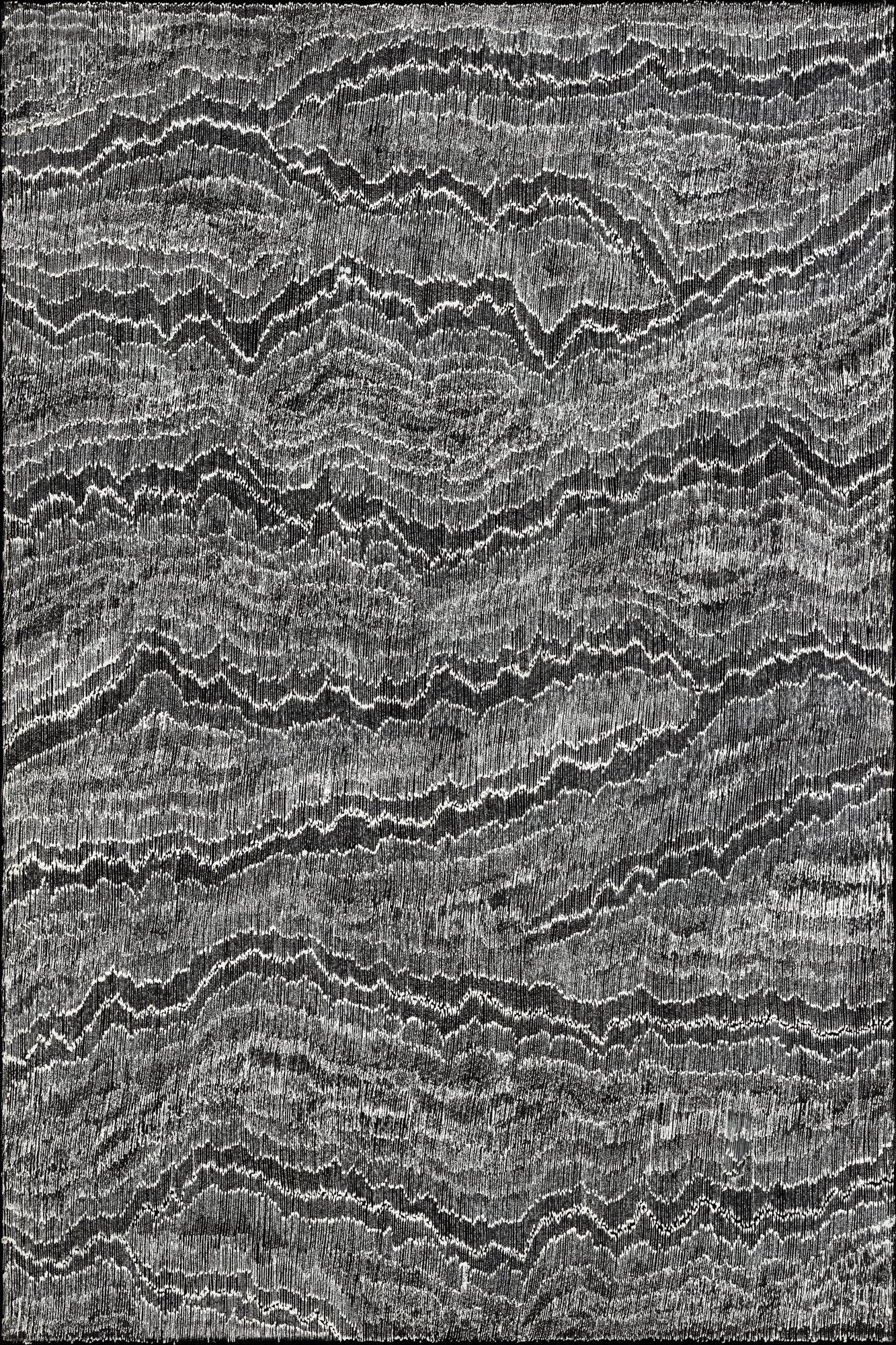 Monochrome dot painting by Sarrita King showing rolling sand dunes in silver, white and charcoal, viewed from above with ridgelines stacking across the canvas.