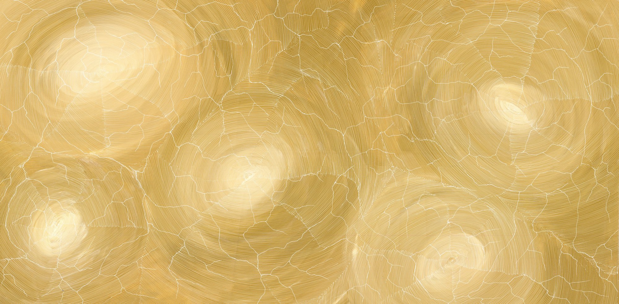 A large horizontal painting in warm gold and cream, with soft glowing circles across the surface and a fine web of white lines suggesting cracked earth seen from above.
