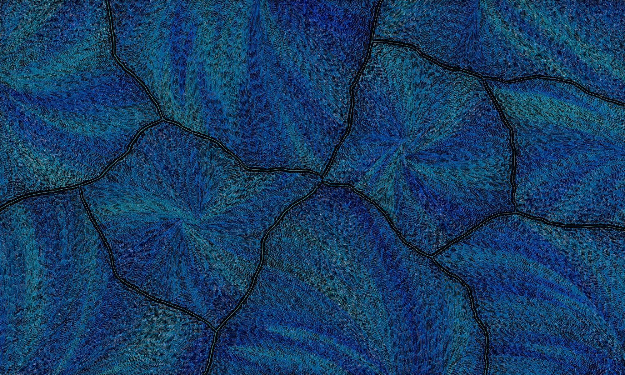 A large abstract painting in deep blue, teal and black, with jagged dark lines forking across the canvas like lightning, surrounded by finely dotted radiating fields.