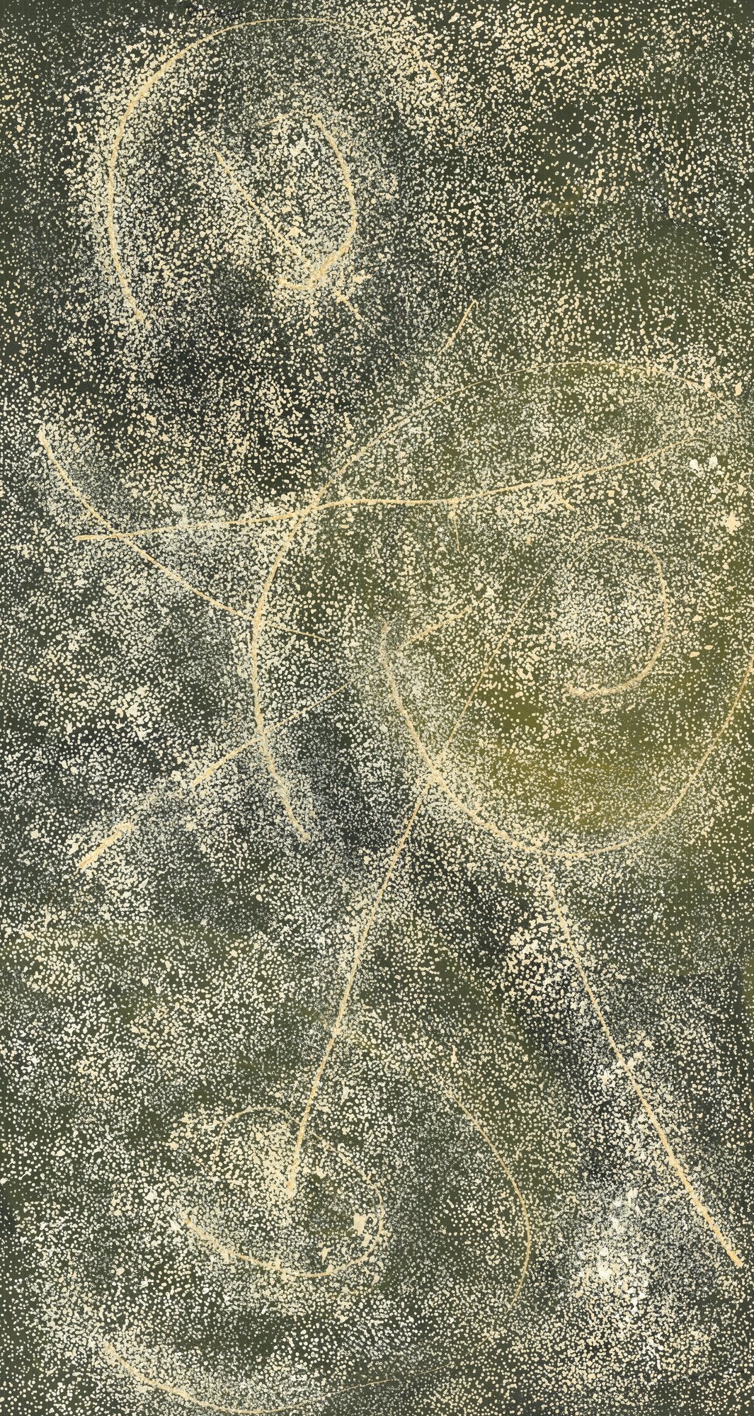 An aerial-perspective dot painting in olive green and cream, with looping pale lines tracing pathways and waterholes across a richly textured field.