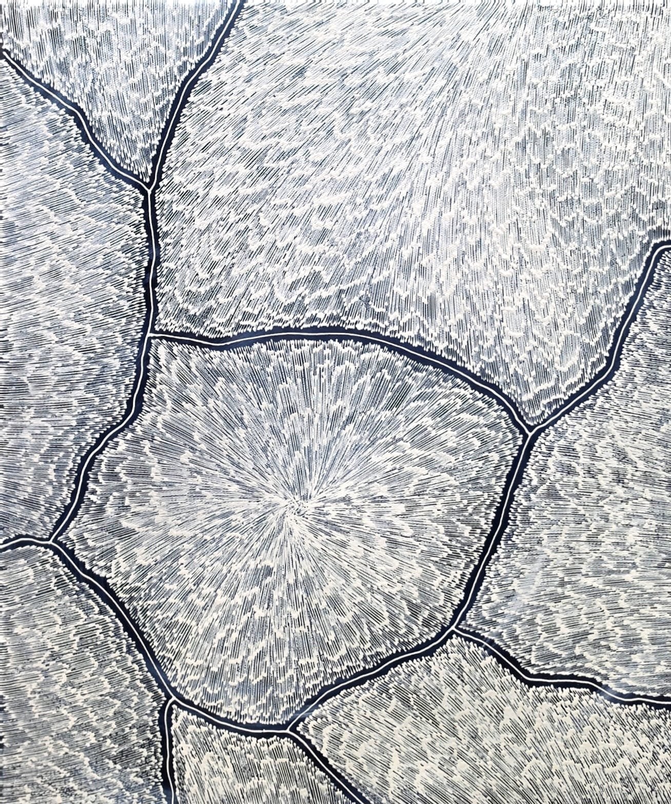 Monochrome painting of branching dark lines dividing the canvas into cells, each filled with fine white strokes radiating outward like lightning strikes across a night sky.
