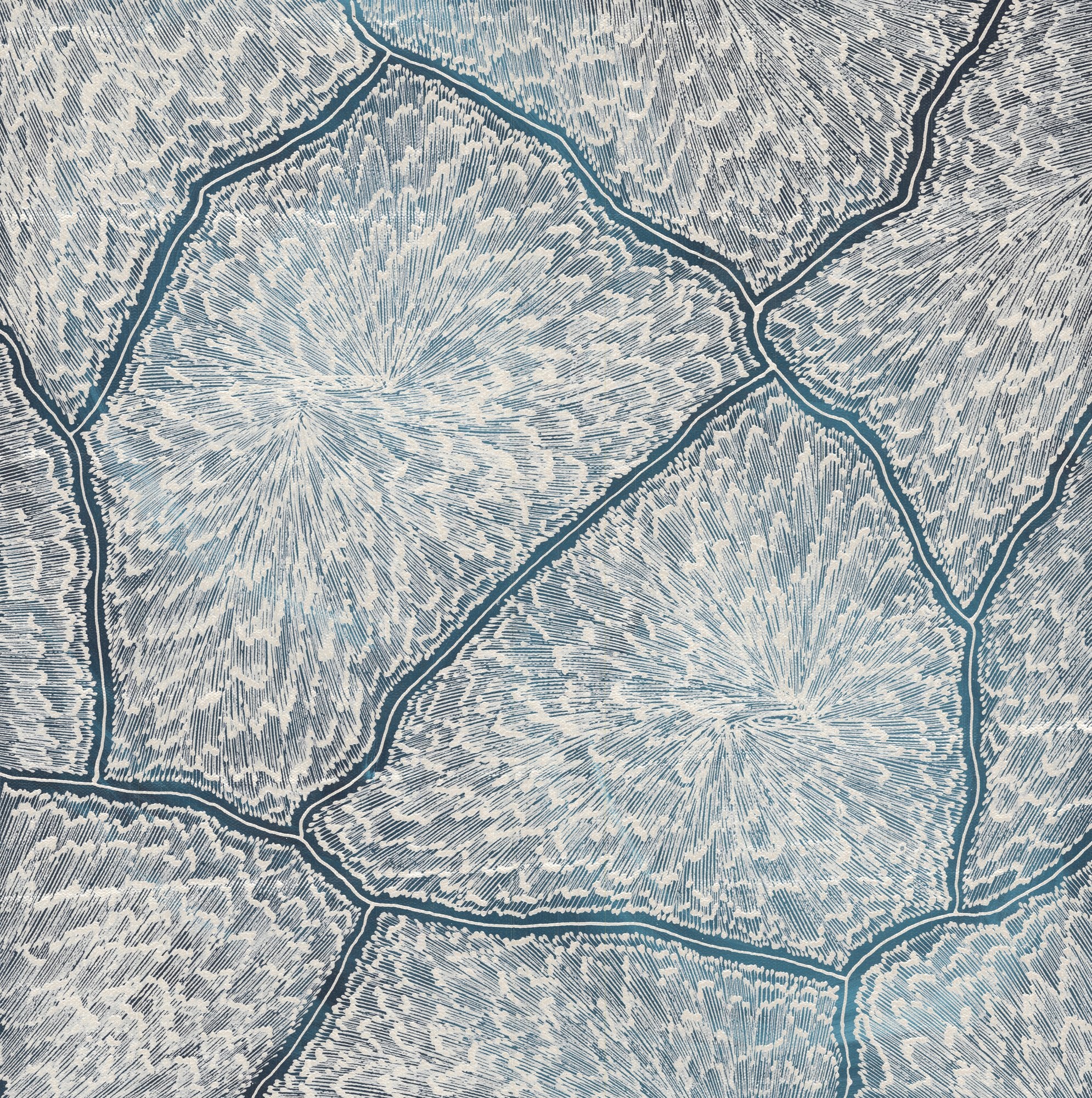 Abstract painting of forking white lightning bursts inside dark blue cell shapes, resembling storm cells or cracked earth viewed from above.