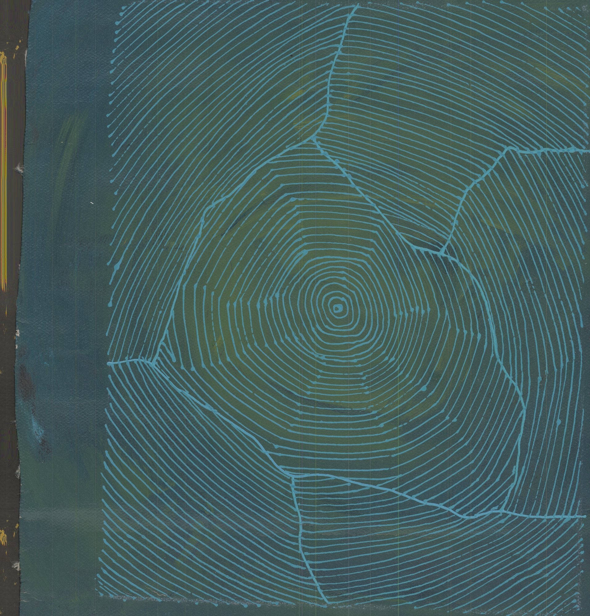 An aerial style painting of concentric pale blue rings radiating from a central point on a deep teal and olive green ground, crossed by wandering pathway lines.