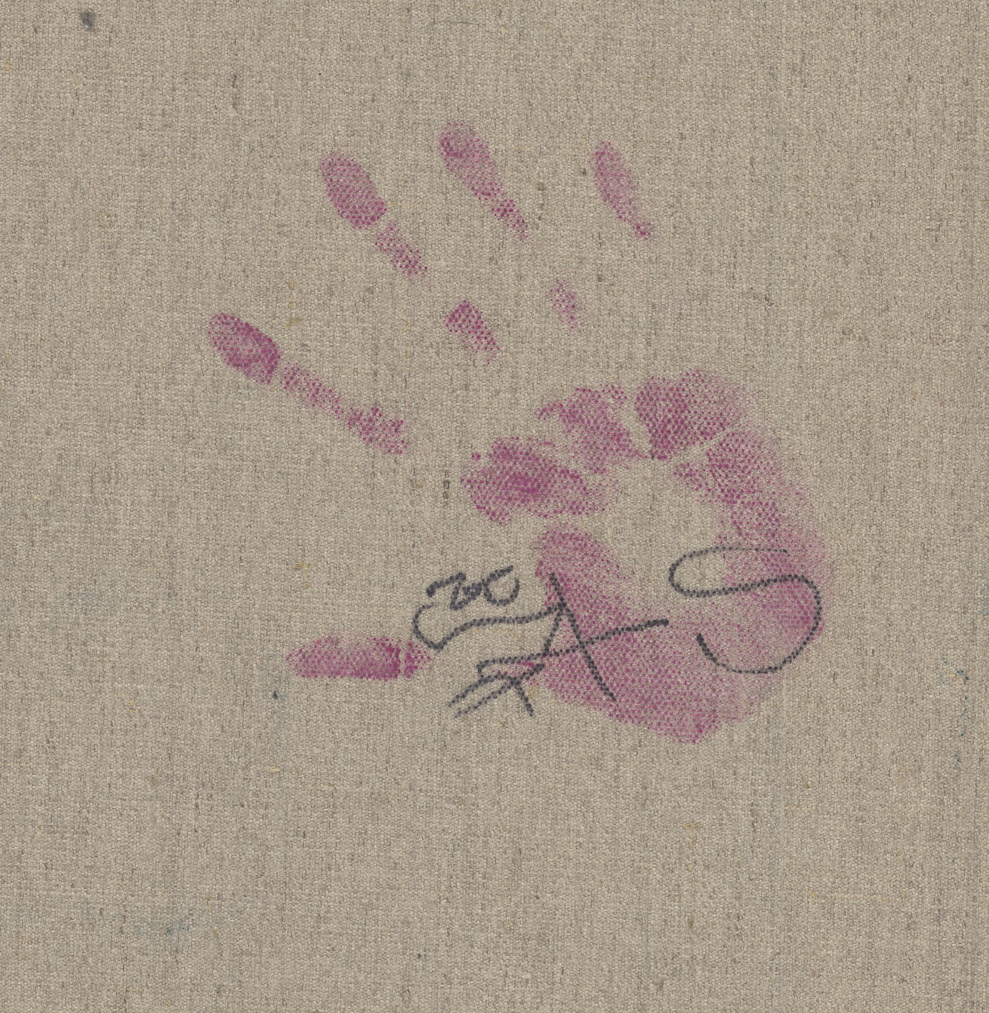 A single mulberry-pink handprint pressed onto raw beige linen, overlaid with the artist's looping black signature across the palm.