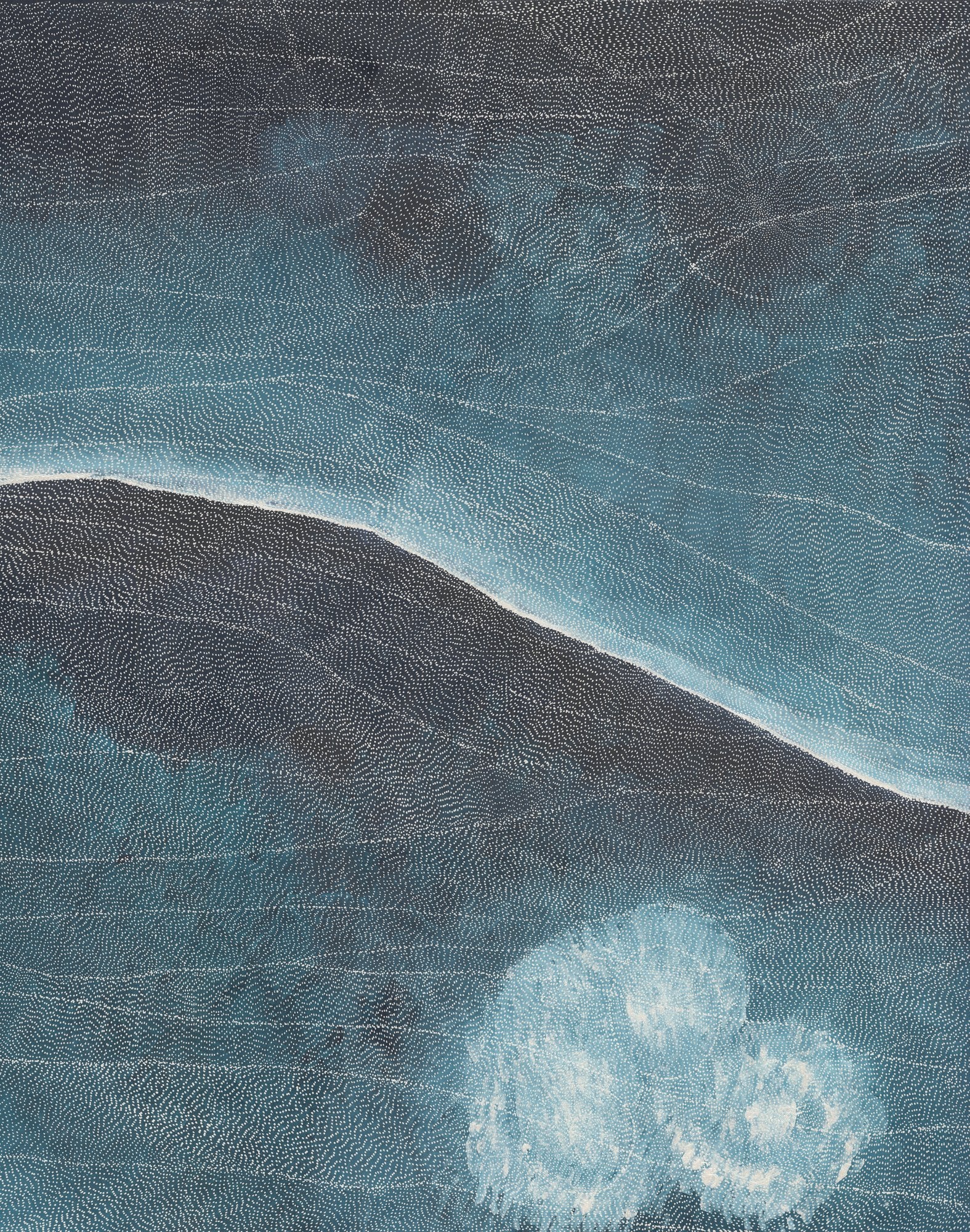 Aerial-style dot painting in deep blues and silver showing a curved dune ridge rising across the canvas, with pale luminous waterhole-like forms at the lower edge.