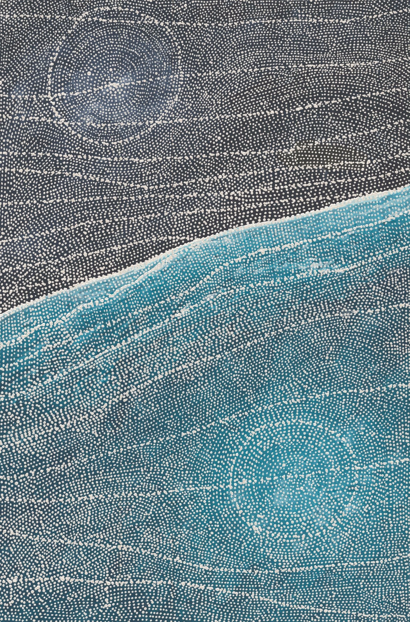 Aerial-perspective dot painting divided diagonally into a dark indigo upper field and a teal lower field, each containing a large concentric circle, separated by a pale curving shoreline.