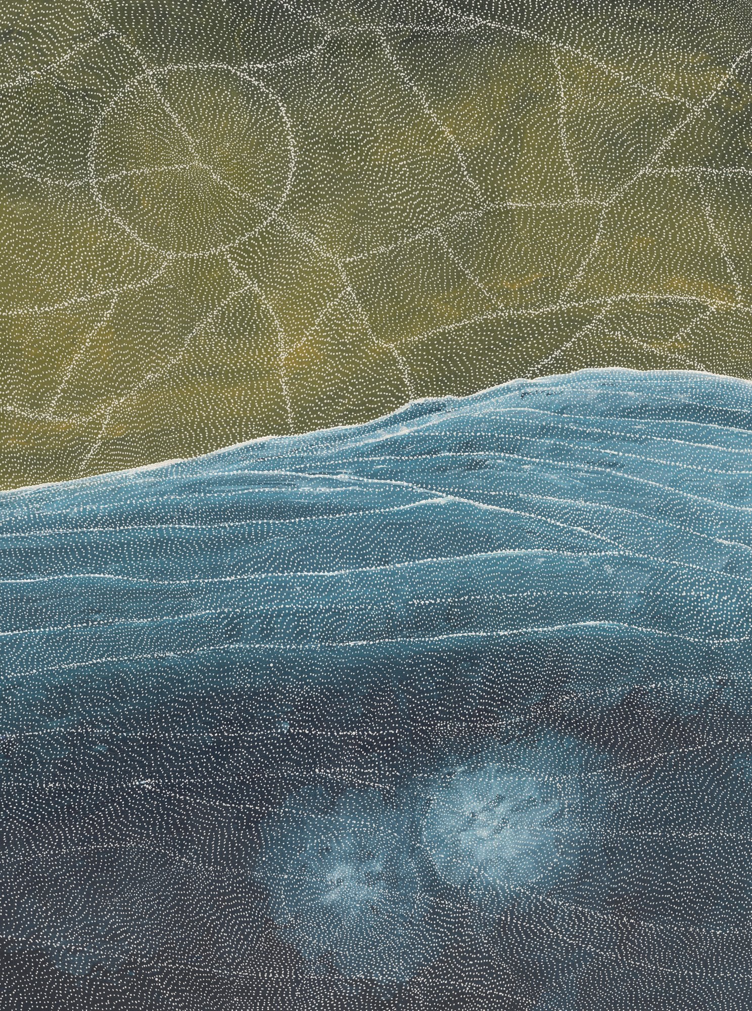 Aerial style dot painting by Sarrita King with olive green cracked earth above and deep blue water below, two pale waterhole circles near the base.