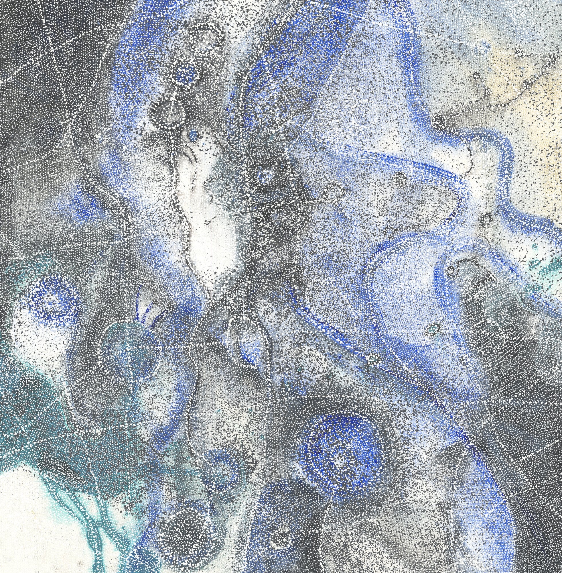 Aerial style dot painting in blue, white, charcoal and teal, with ringed waterhole forms and meandering waterlines across a pale ground.