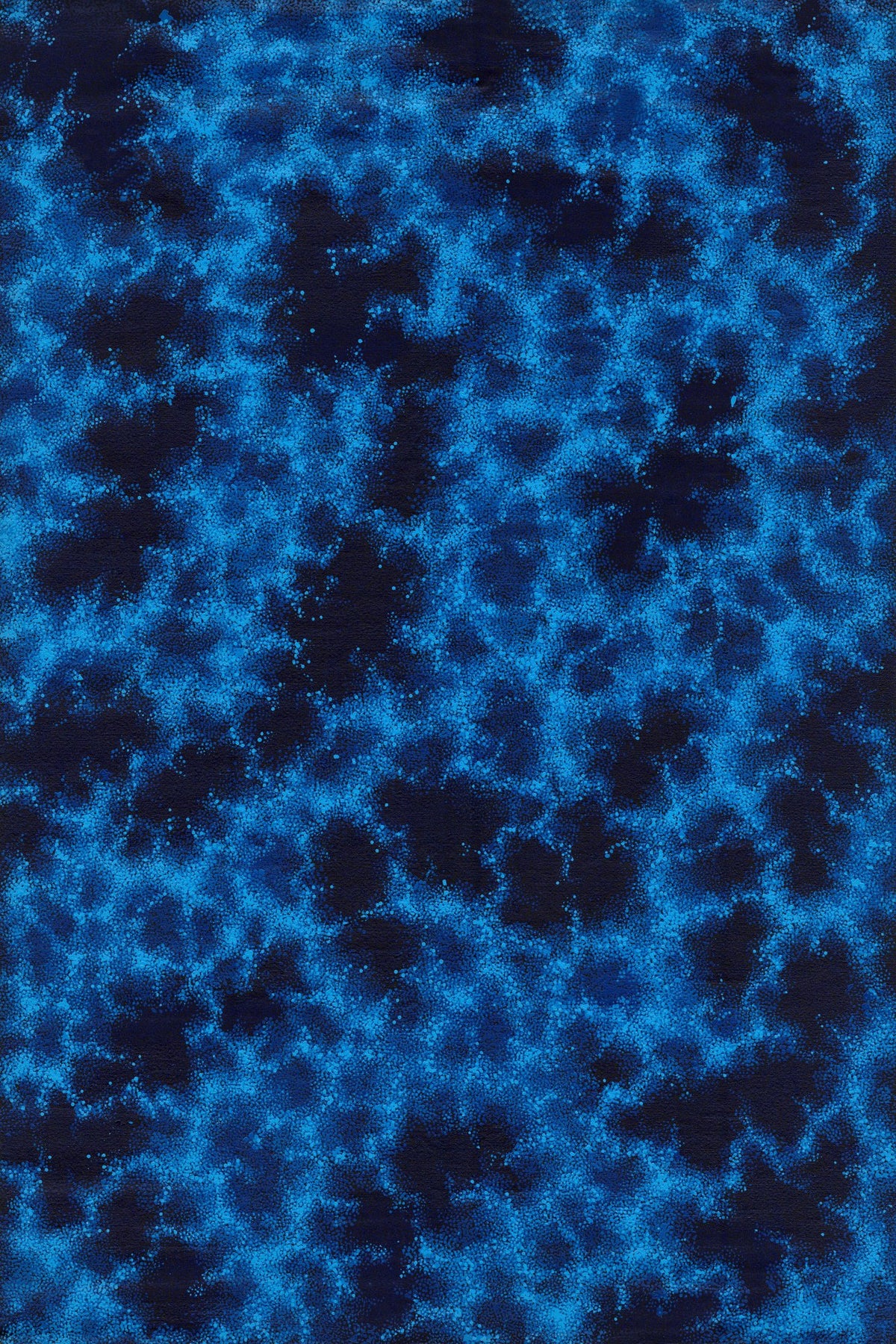 Large abstract painting of water seen from above, built from countless fine dots in cobalt blue, indigo and black, with no horizon or figures.