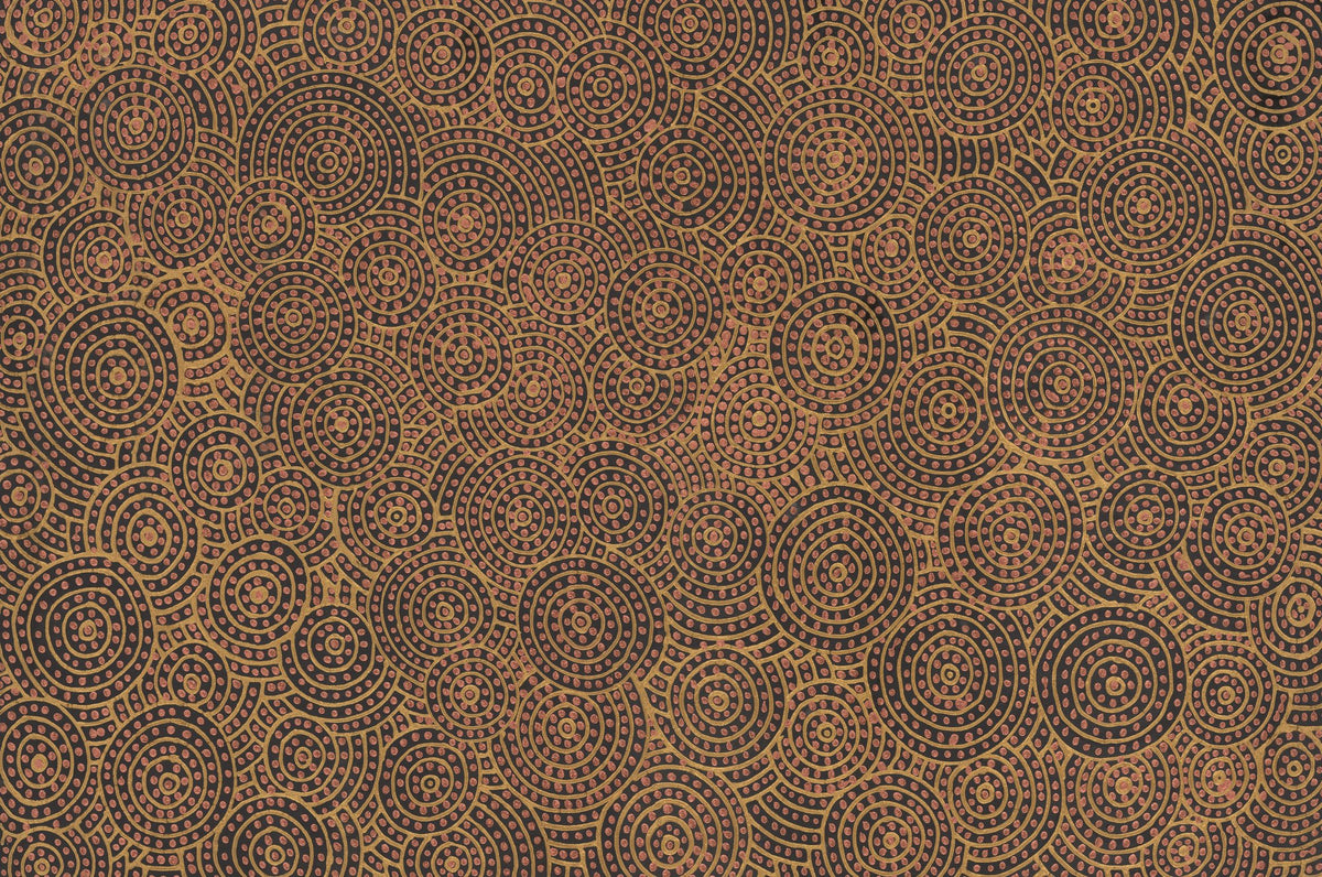 Earth-toned Indigenous dot painting of overlapping concentric circles in ochre, gold and charcoal brown, filling the canvas edge to edge.