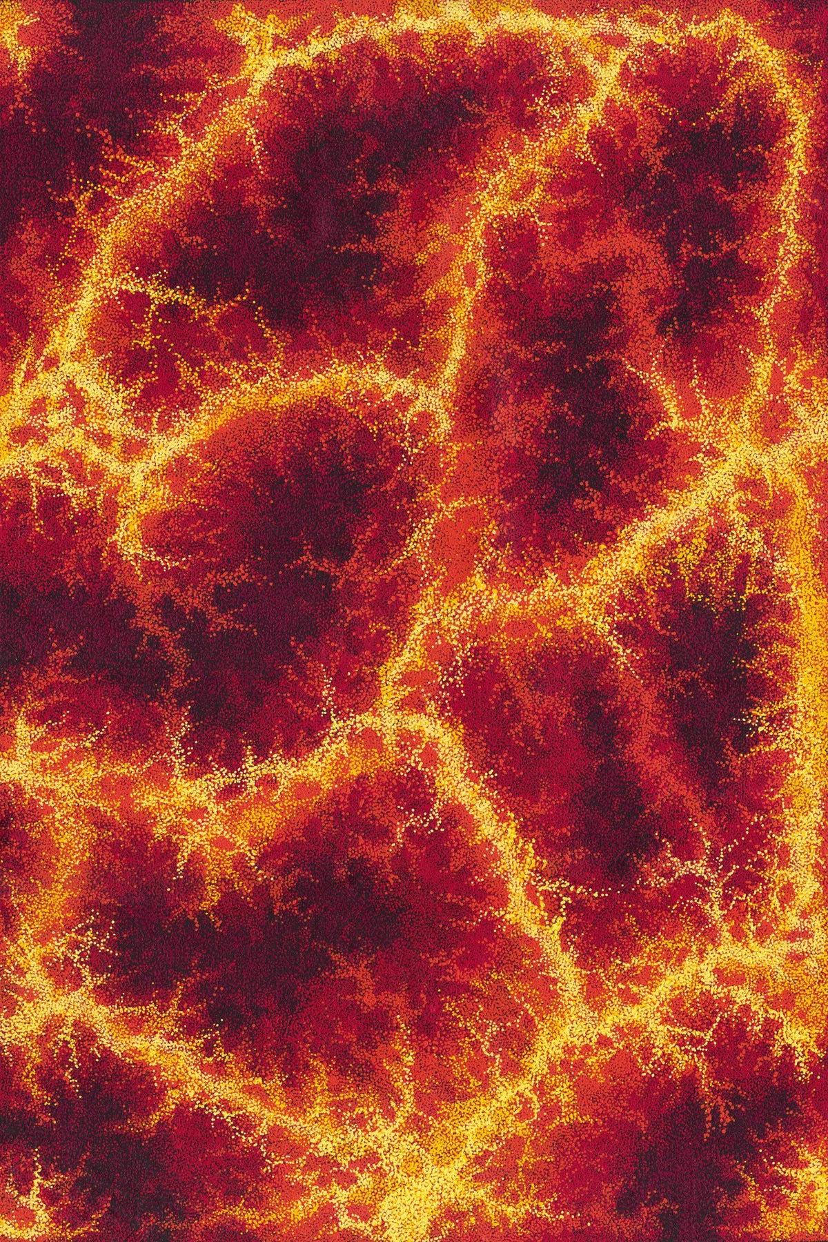 Large dot painting by William King Jungala rendered in dense reds, oranges and yellows that resemble flames moving across Country.