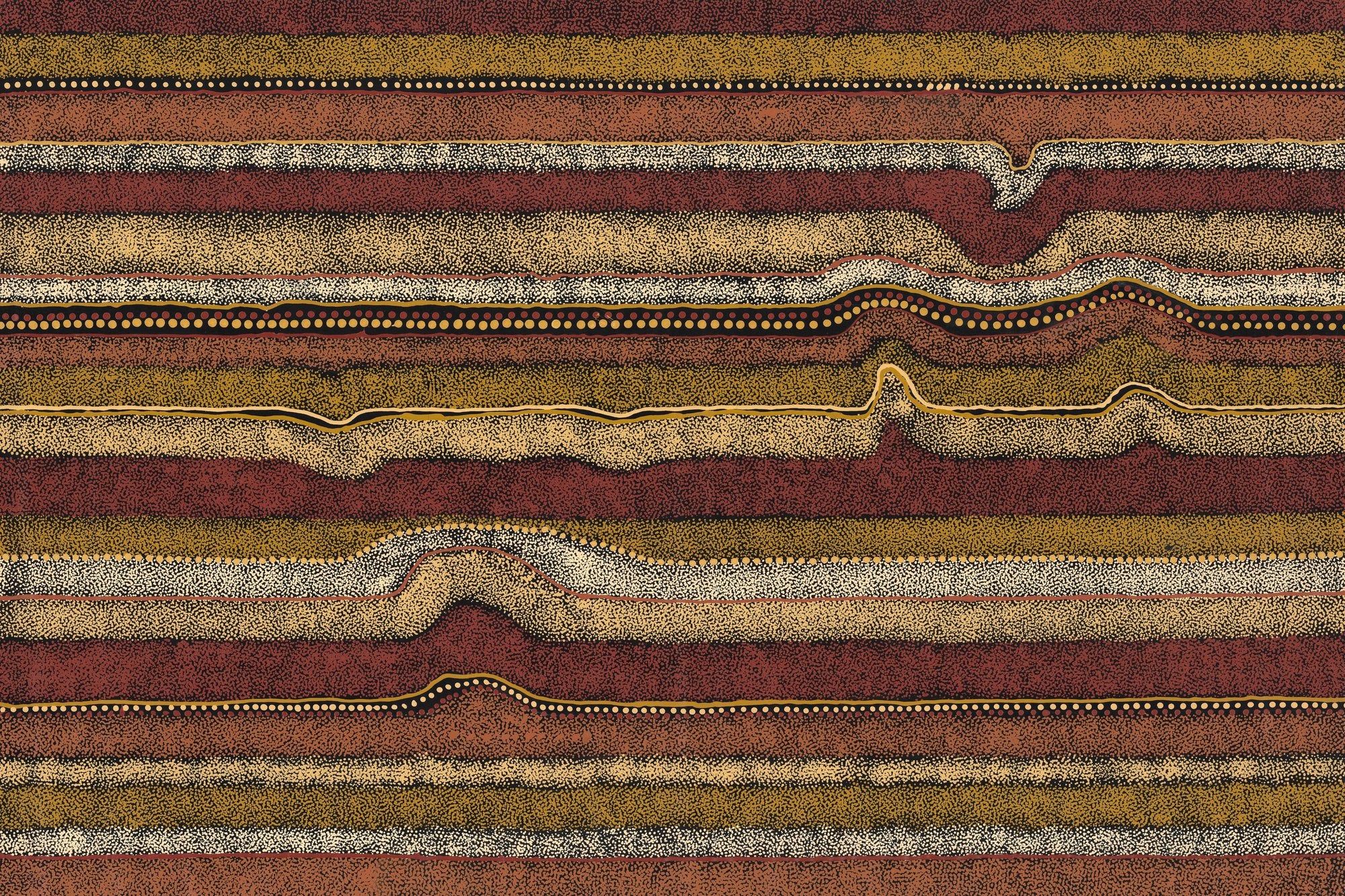 Horizontal bands of burgundy, ochre, mustard and cream stretch across the canvas, broken by dotted lines and a thin gold watercourse, evoking a cross section of desert country.