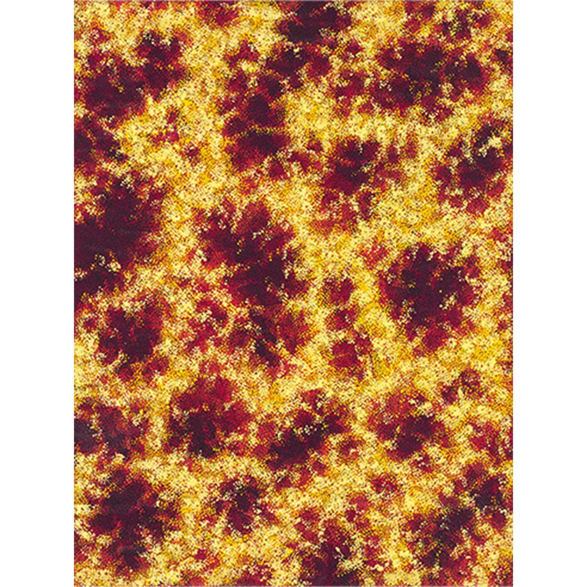 Abstract painting densely covered in deep red and bright yellow-gold flecks resembling burning embers and flames across the entire canvas.