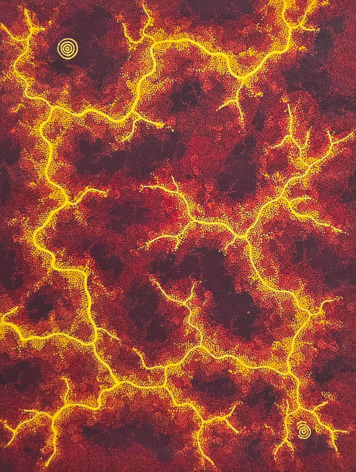 Red and crimson dotted canvas crossed by branching yellow lines, with two small concentric circles marking sites in opposite corners.