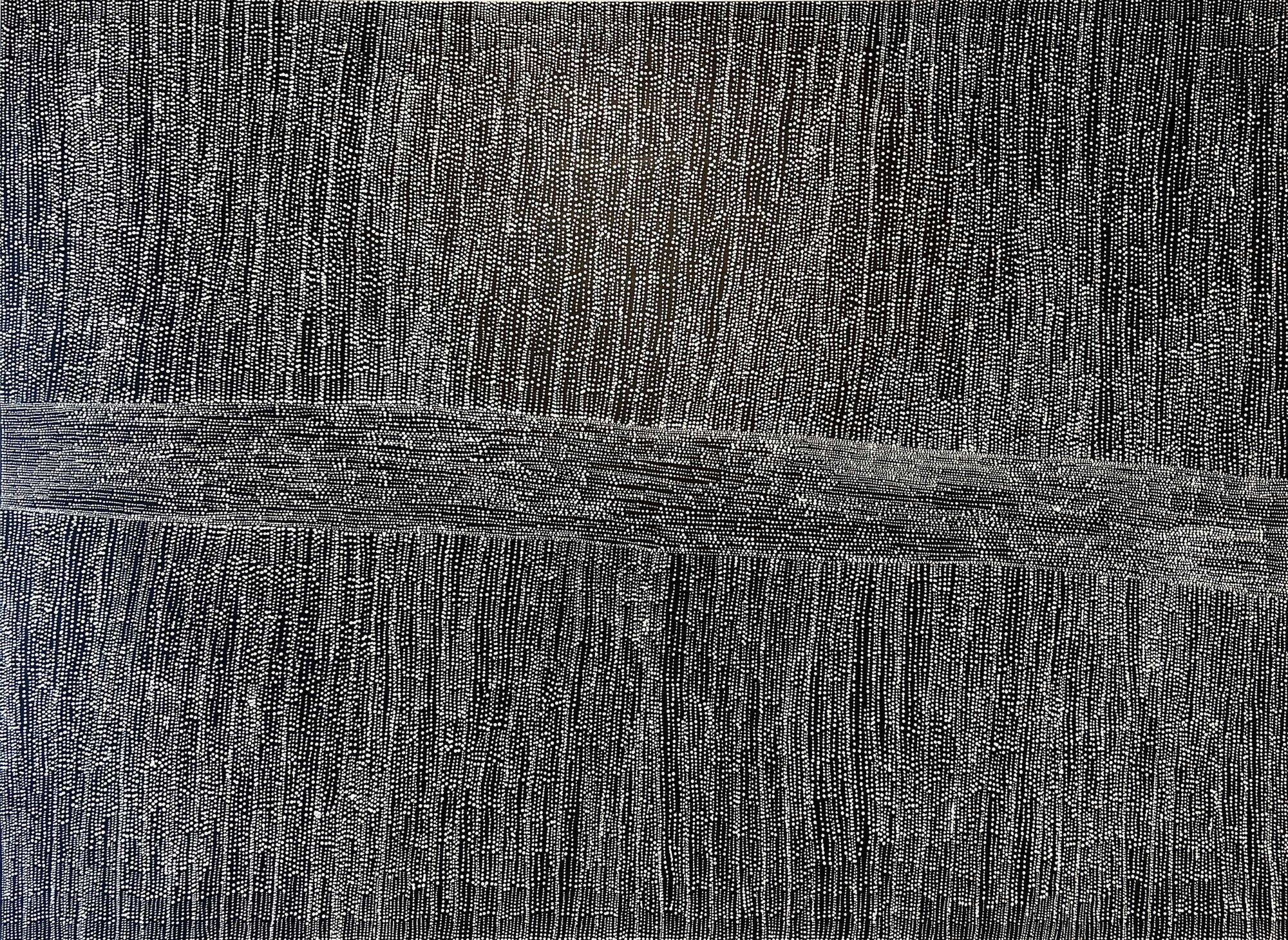 Large abstract painting of fine white dots on a black ground, with vertical filaments and a horizontal band of denser marks suggesting a salt lake horizon.