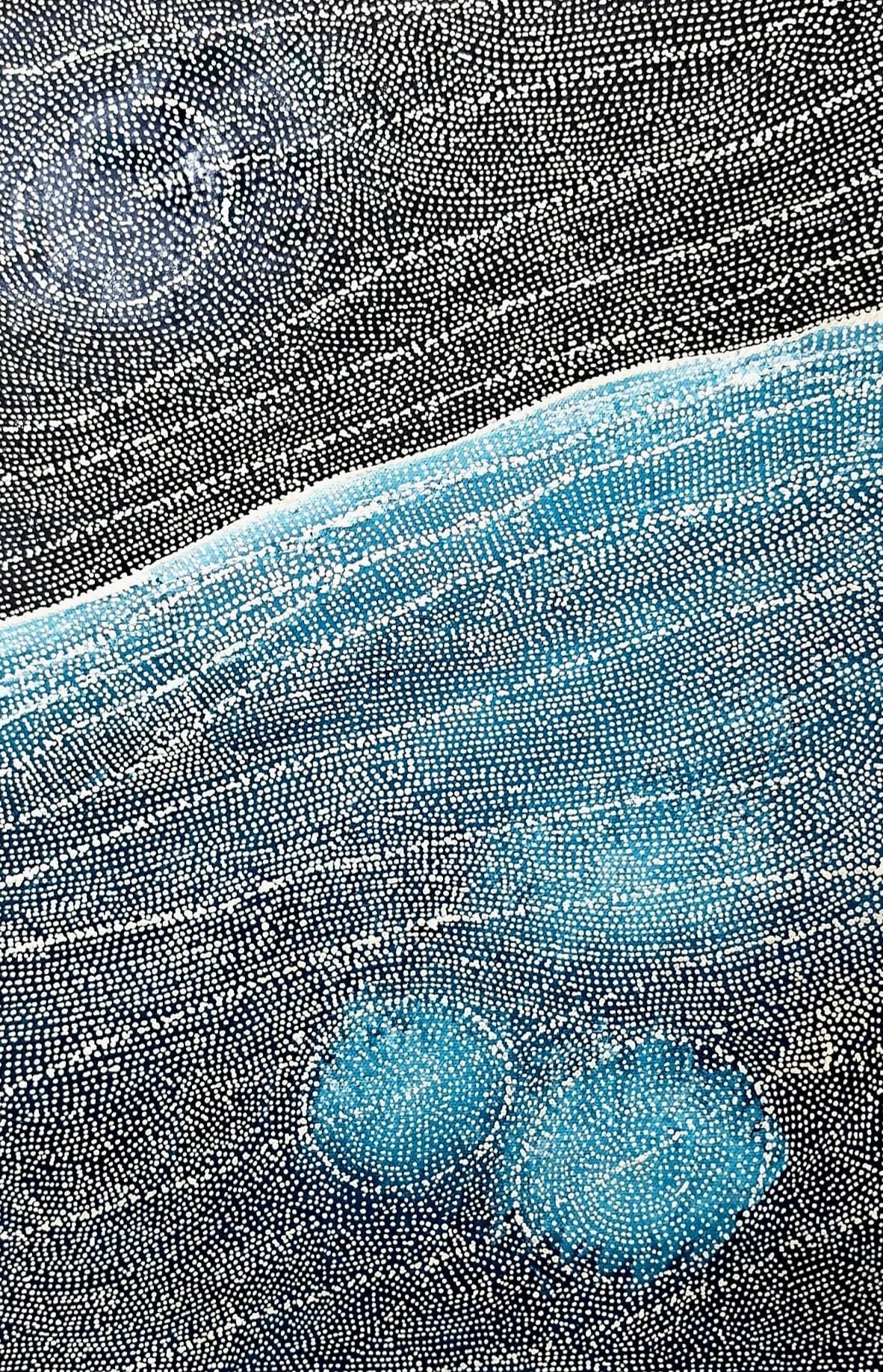 Aerial style dot painting in deep blue and black with a pale blue river running diagonally and two large concentric waterhole circles in the lower half.