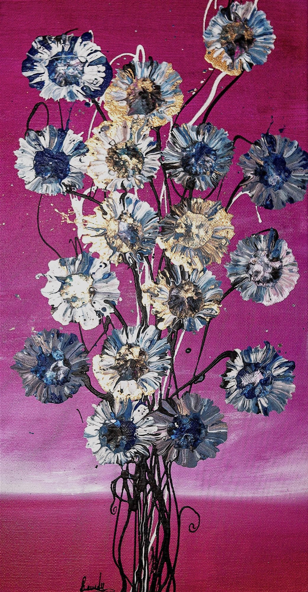 A tall bouquet of textured white, blue and gold wildflowers with dark centres painted against a hot magenta background, stems tangling toward the base.