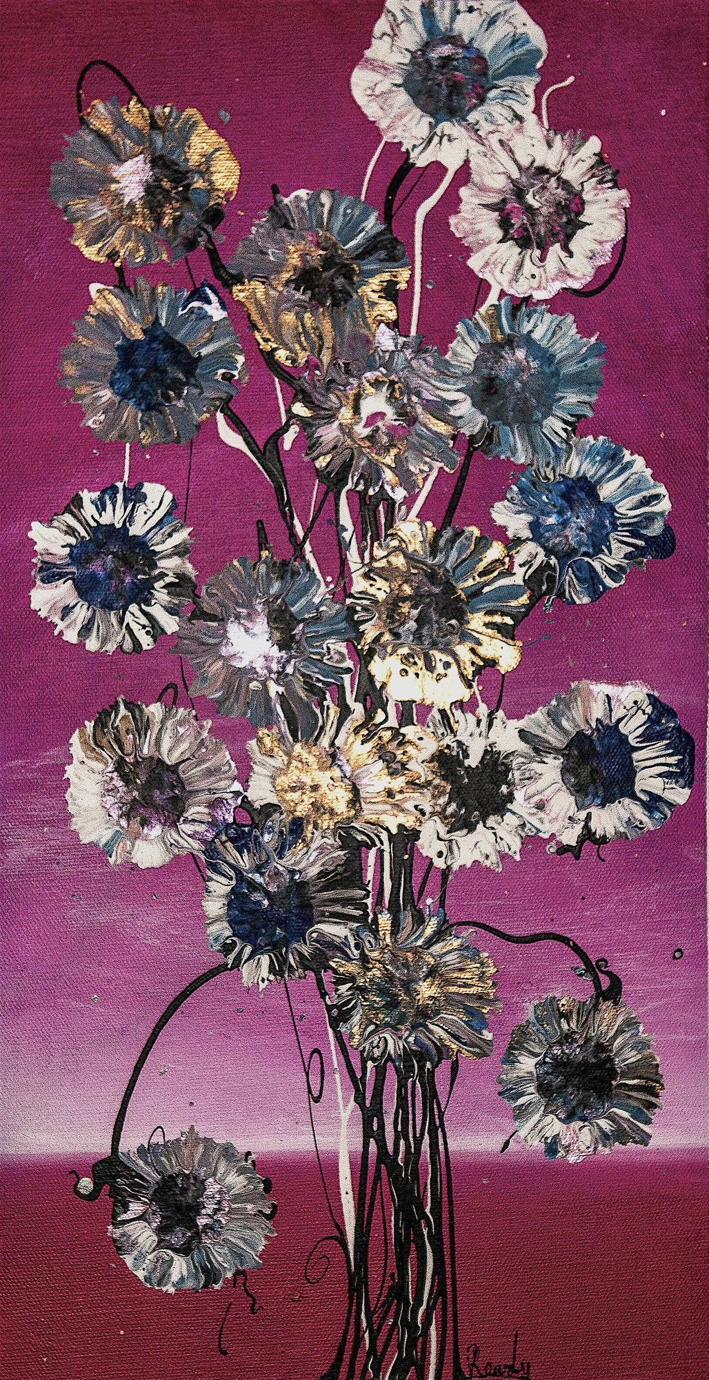 Tall bouquet of stylised flowers in silver, gold, cream and navy paint, rising from dark stems against a magenta background.