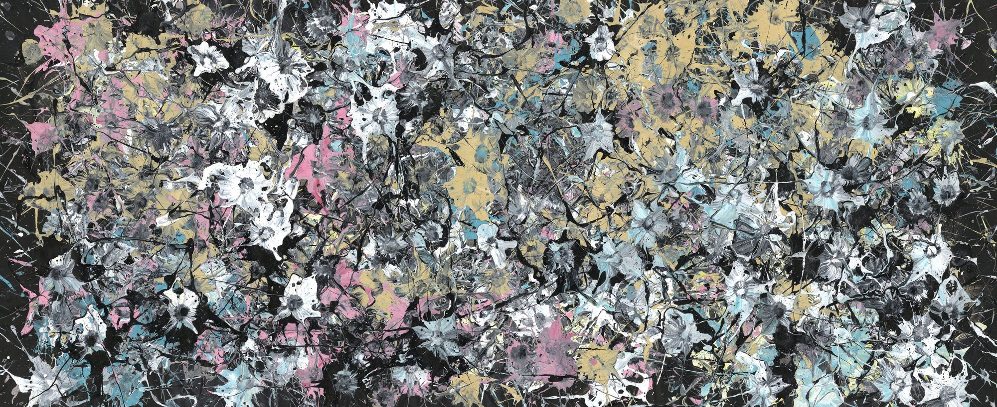 Wide contemporary painting of abstract wildflowers in pink, yellow, pale blue and white, splattered and dripped across a black background.