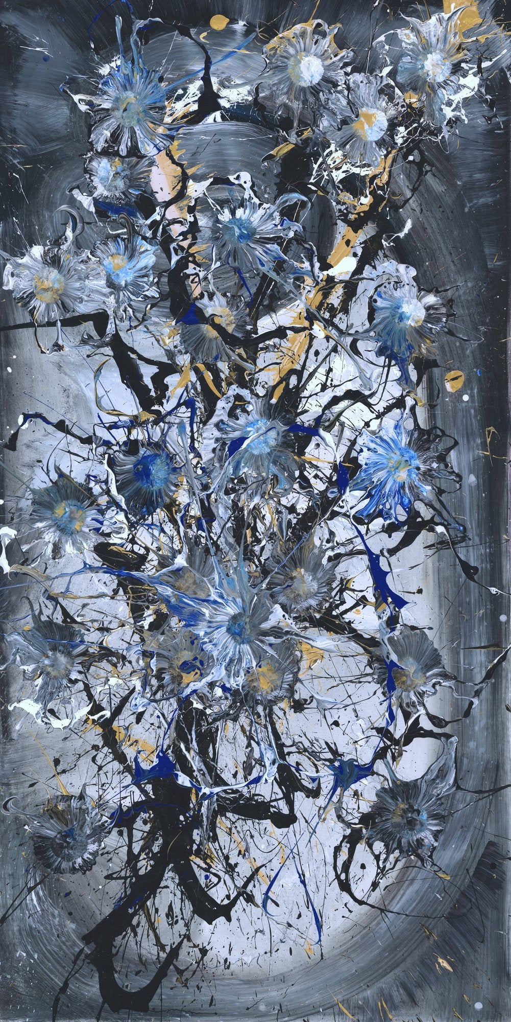 Tall vertical contemporary painting of flicked and splashed flowers in blue, white, gold and black across a silver grey background.