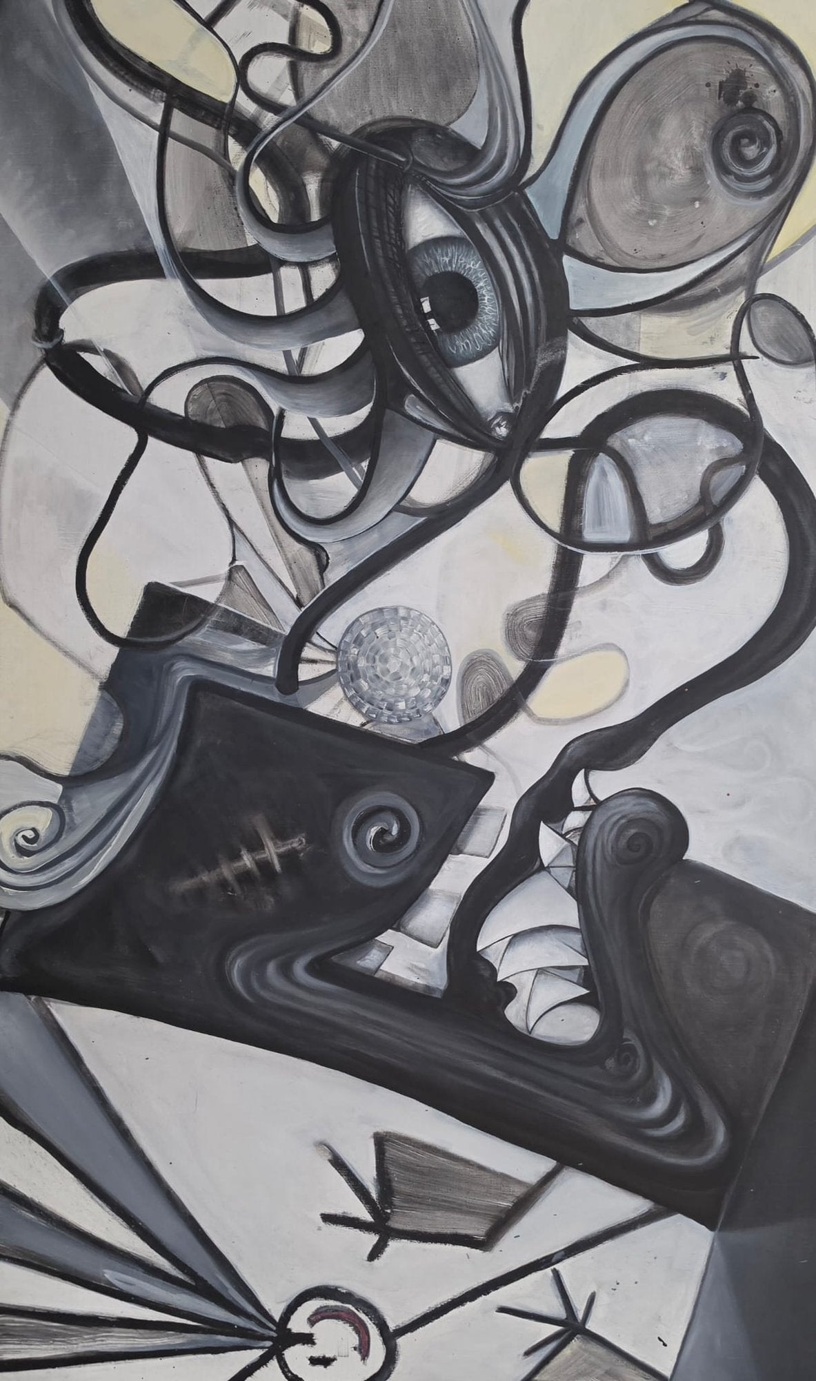 Large black and white contemporary painting with a single realistic eye at the top, surrounded by coiling black ribbons, dark abstract forms and a small red circle near the base.