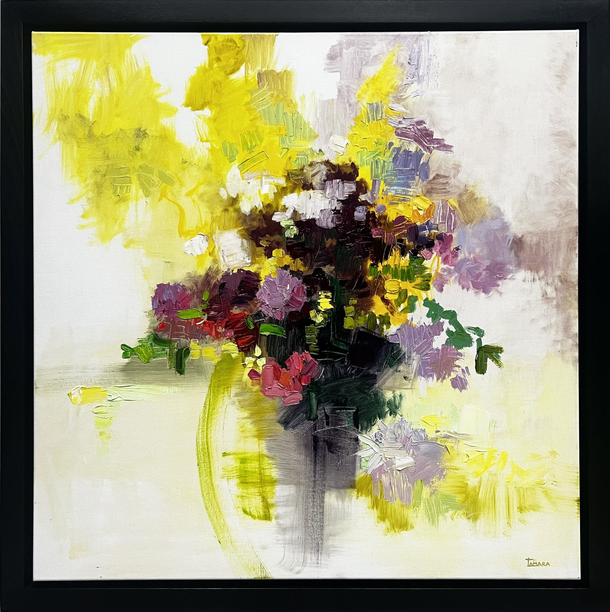 An expressive oil painting of a summer bouquet in yellows, purples and greens, painted with thick impasto strokes on a pale ground, signed Tamara.