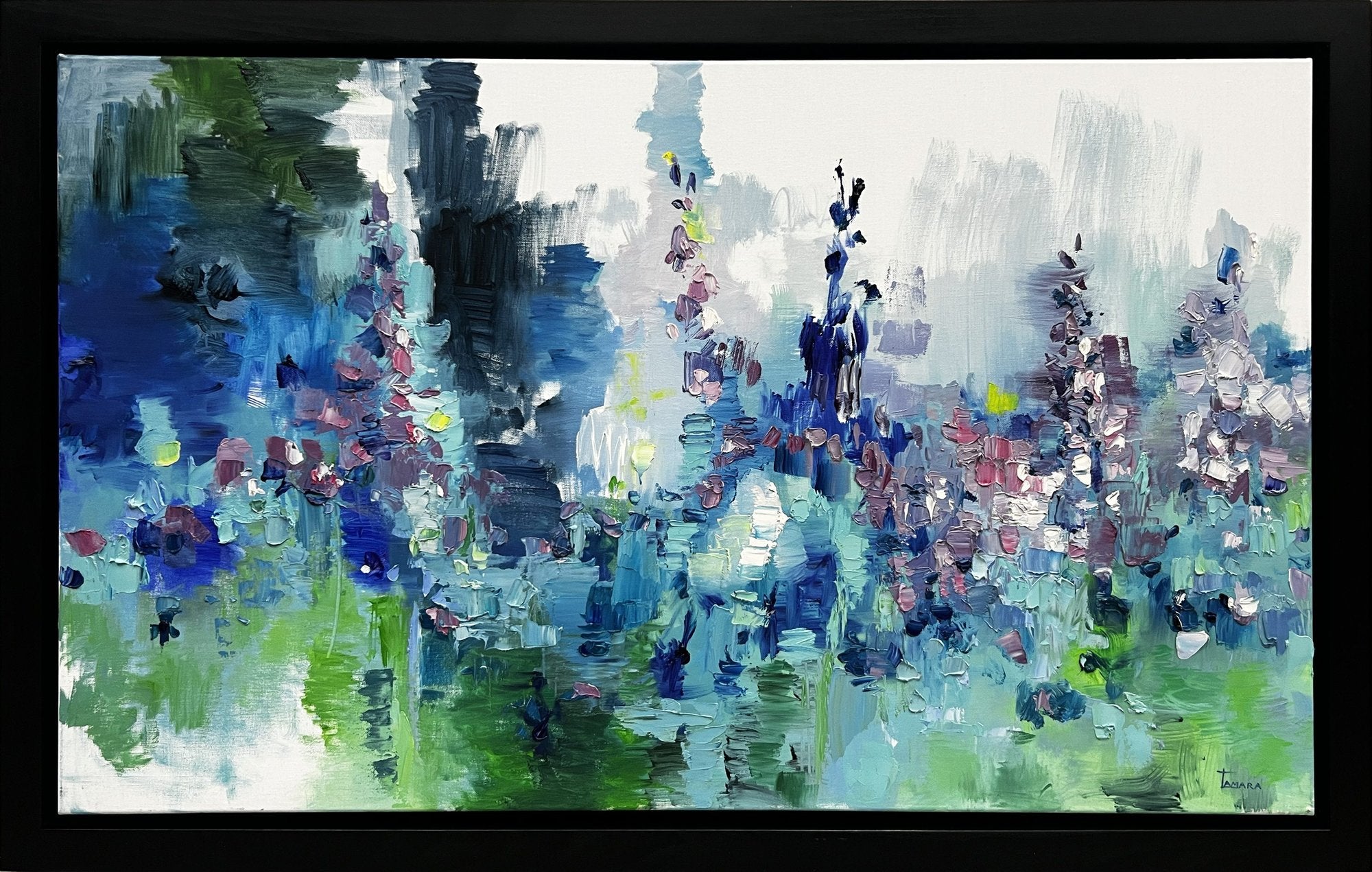 Abstract oil painting of a wildflower garden in cobalt blue, mauve, sage green and white, built with thick palette knife strokes.