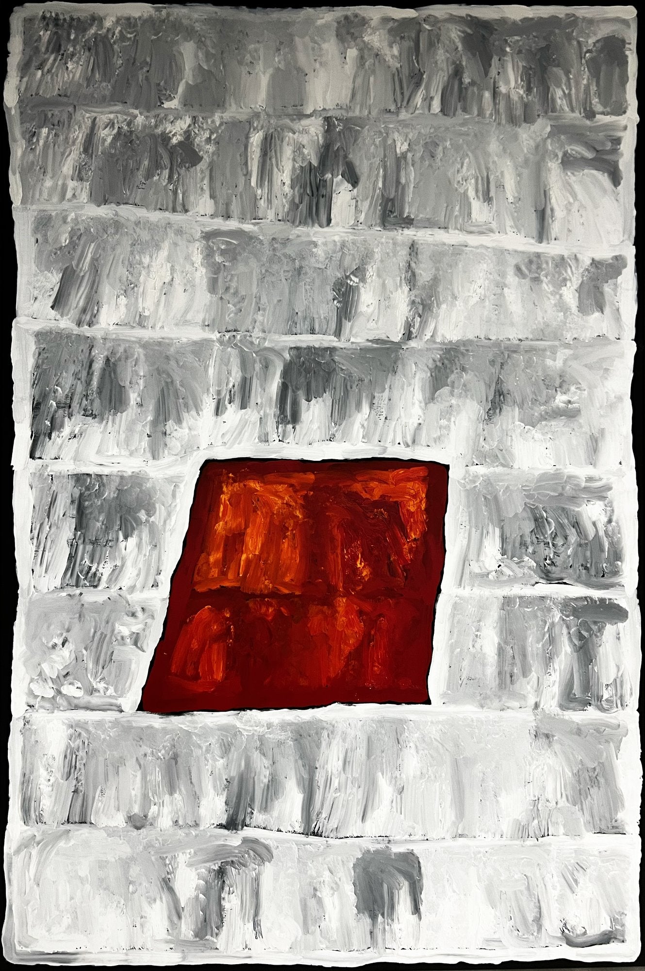 Large abstract painting with thick horizontal bands of white and grey surrounding a central square of deep red and orange.