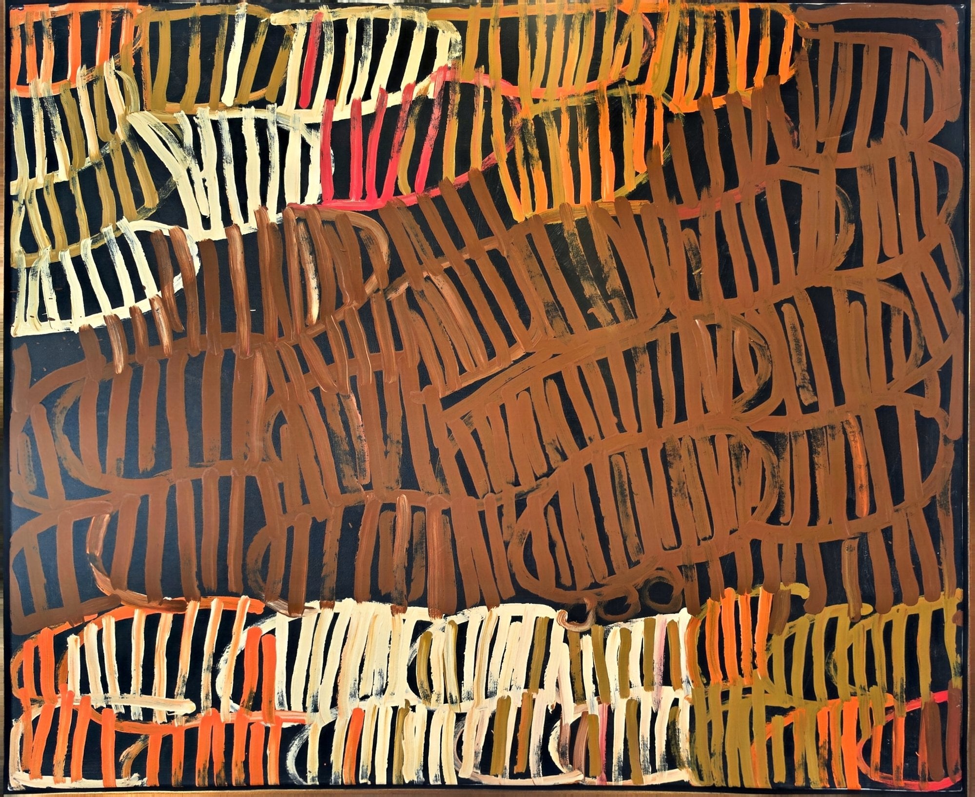 Large abstract painting with sweeping horizontal bands of rust, ochre, cream and orange vertical strokes across a black ground, evoking women's body paint designs.