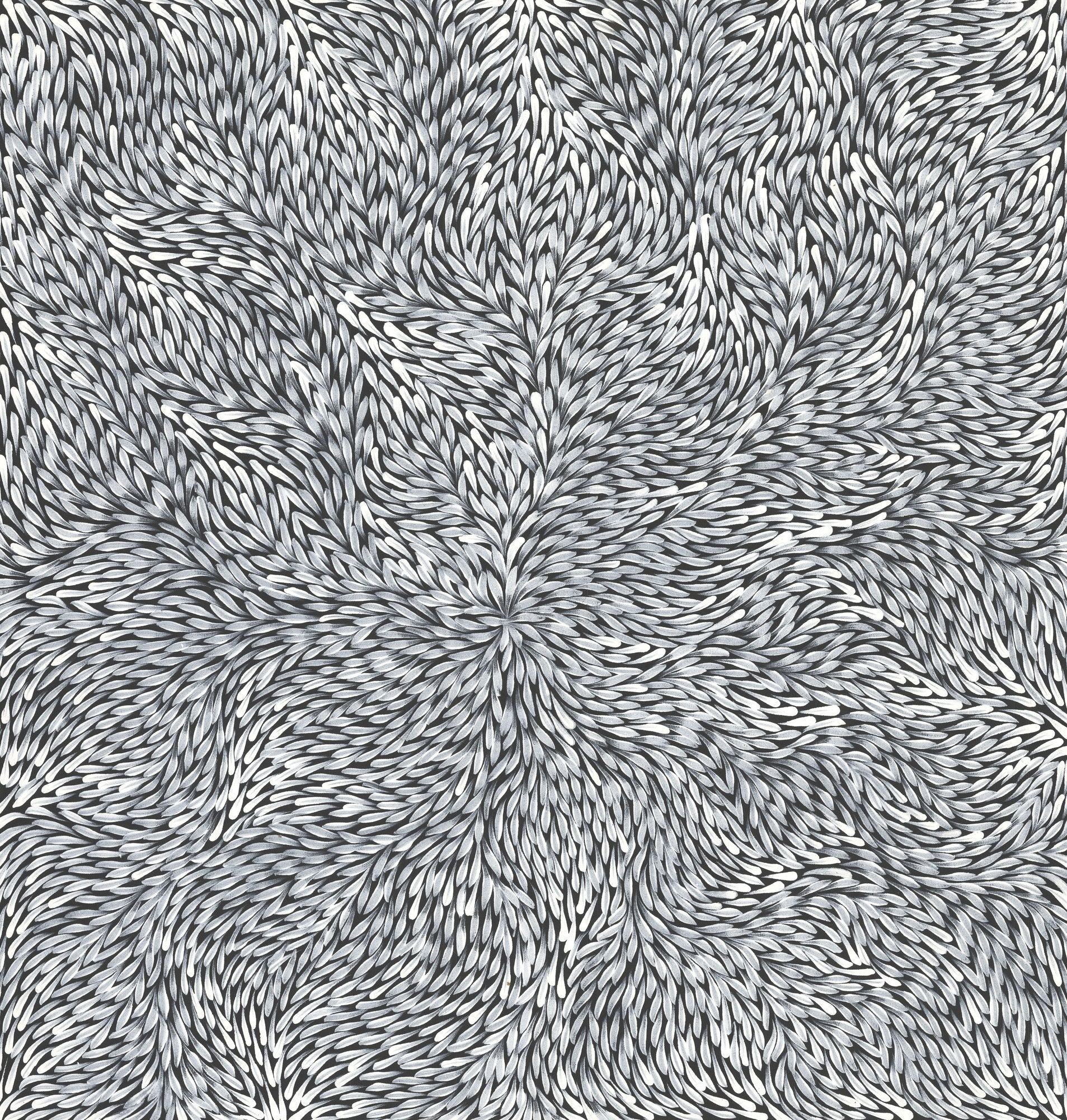 Monochrome painting of densely layered leaves in black, white and silver, swirling outward from a central point in an all-over composition.