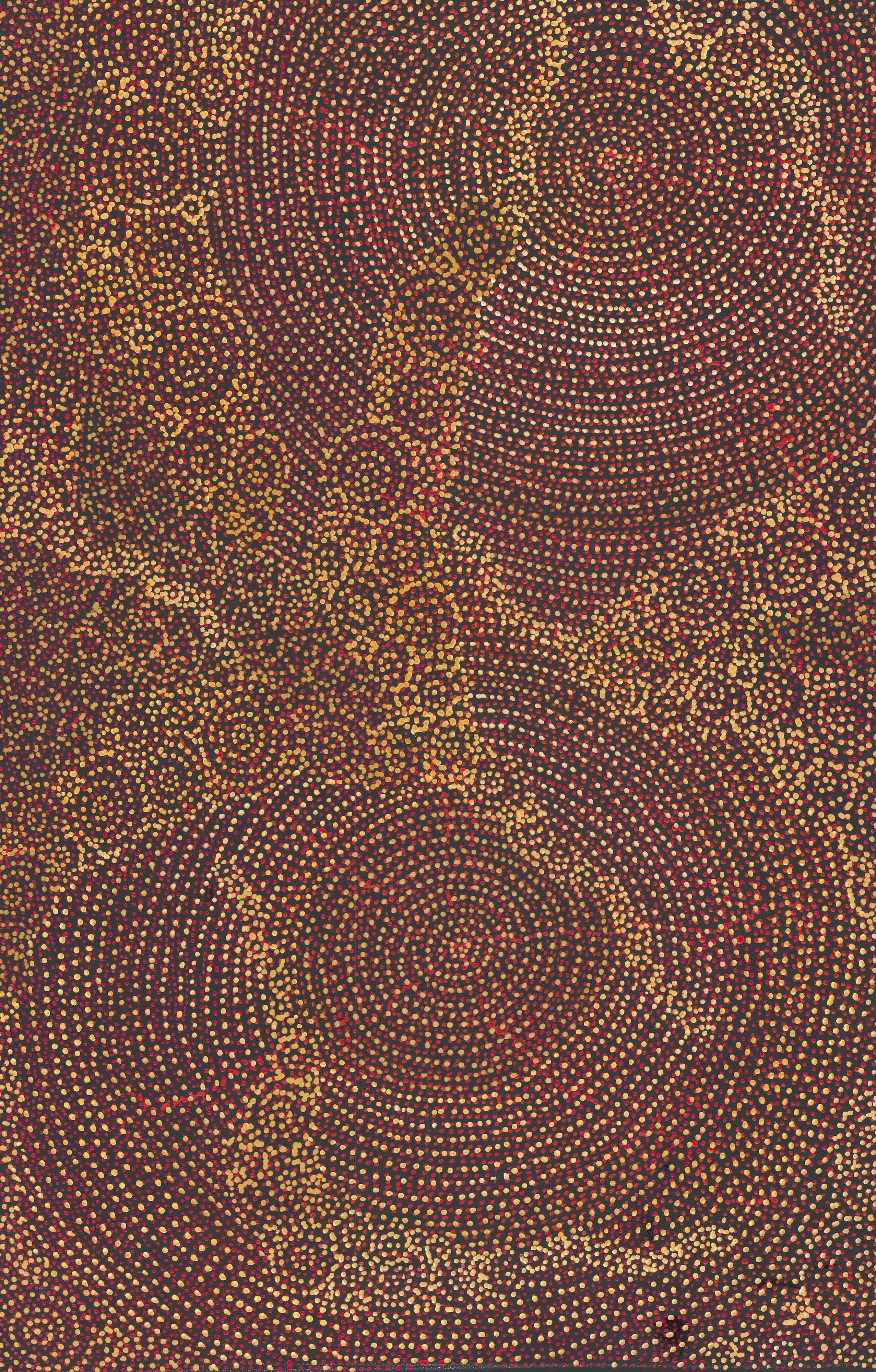 An abstract painting with red and yellow dots on a dark background, forming concentric circles.