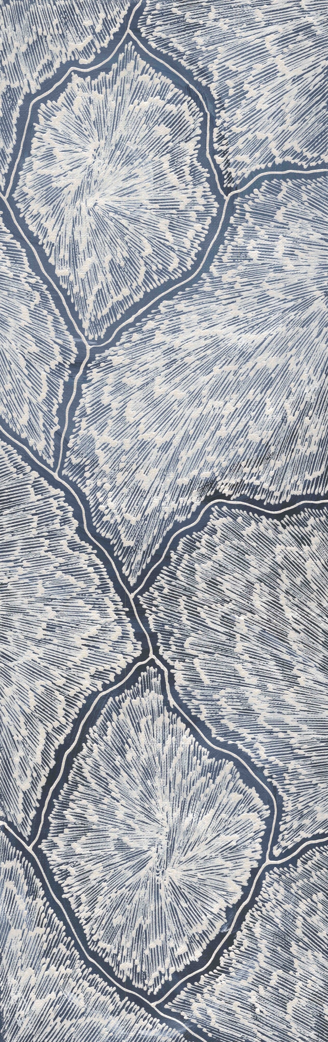 An abstract painting features white, radiating lines on a dark blue background, forming interconnected, organic shapes.